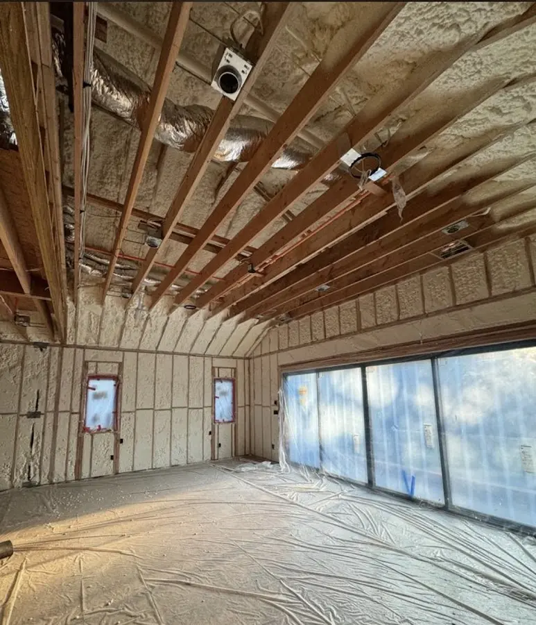 Interior walls and ceiling insulated with spray foam during new construction in Darnestown